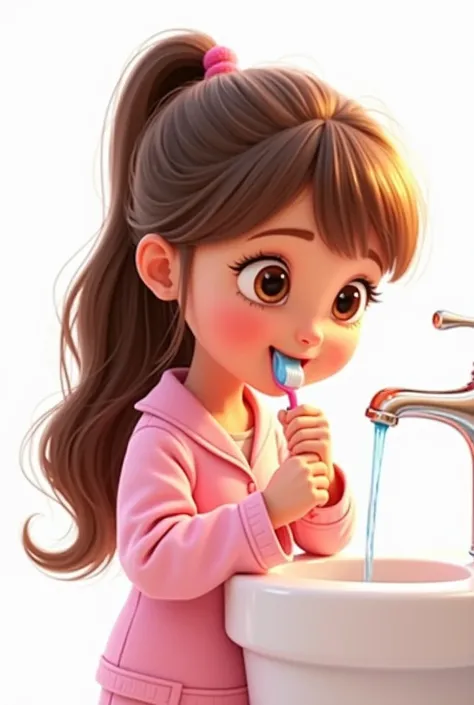 Fille cheveux marron long attachés yeux marron en pyjama rose qui se brosse les dents sous le robinet , white background Pixar style  