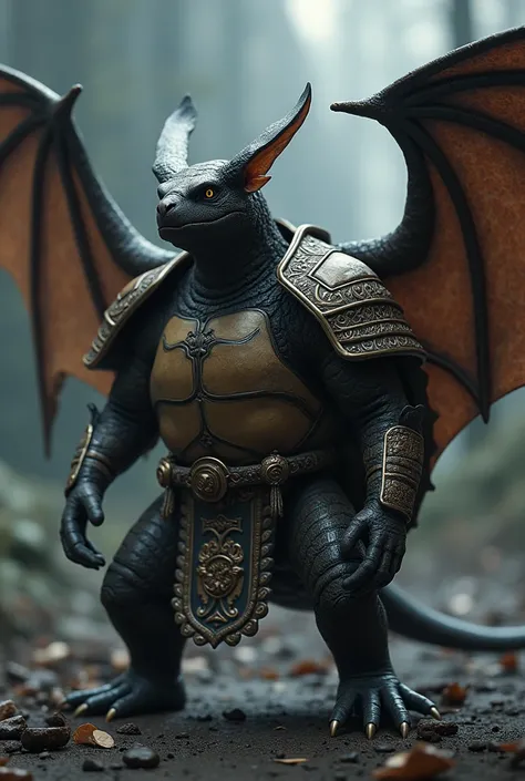 Create an image of the fusion of a bat and a turtle. Do it wearing samurai armor 
