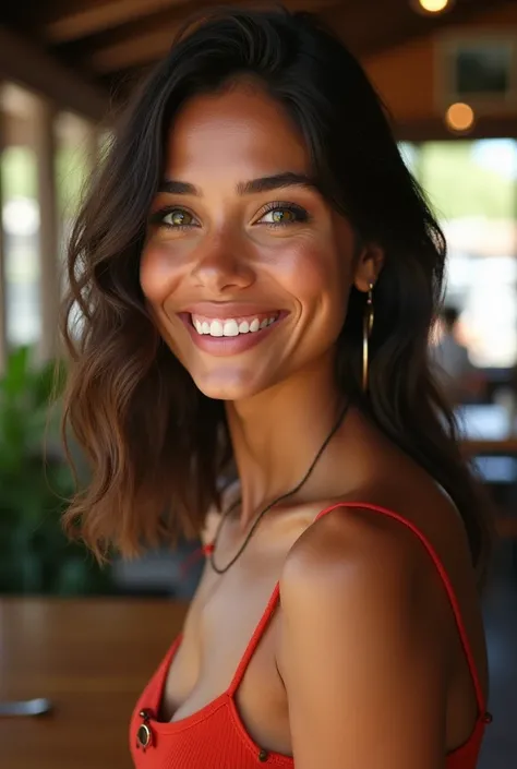 a beautiful latin young women model wearing casual dress, big and beautiful smile, big and very expressive green eyes, looking at the camera, in a restaurant
