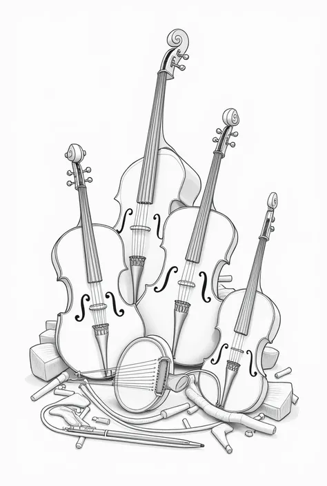  Drawings of wind musical instruments, strings and percussion on white background  