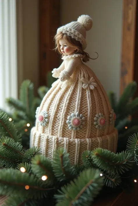 Christmas hat in a garland with a doll on the top