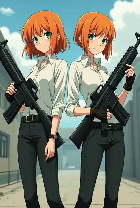  Screenshot of Bungo Stray Dogs two brothers with orange hair and green eyes , One that is a girl  , That they both have a white shirt with open ankle boots and holding a machine gun ok but that they are adults or pre-adults  