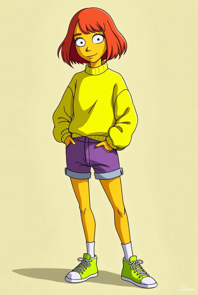  Create a girl from the Simpsons version with short red hair,  dressed in long-sleeved yellow neon wool ,  some purple denim shorts ,  a pair of neon green sneakers , medium build , and 20 years