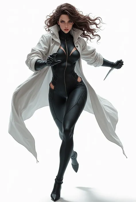 Create an image of a white female superhero with VERY curly and medium dark brown hair, with slanted eyes, and she has a uniform in black and gray , With the sword weapon and with the super speed power 