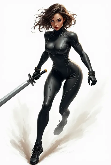 Create an image of a white female superhero with VERY curly and medium dark brown hair, with slanted eyes, and she has a uniform in black and gray , With the sword weapon and with the super speed power 