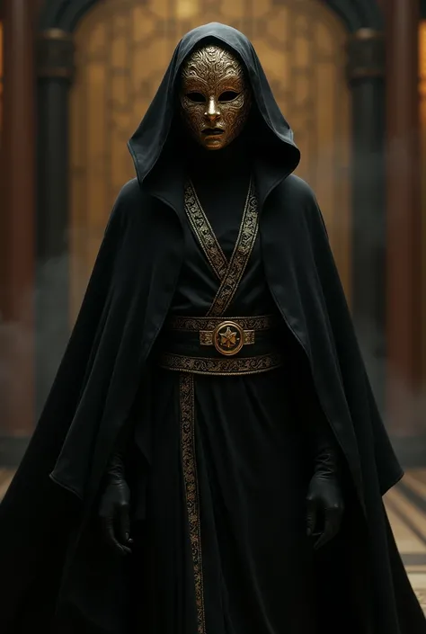 Man,gold masquerade mask,black turtleneck kimono, black hooded cloak 