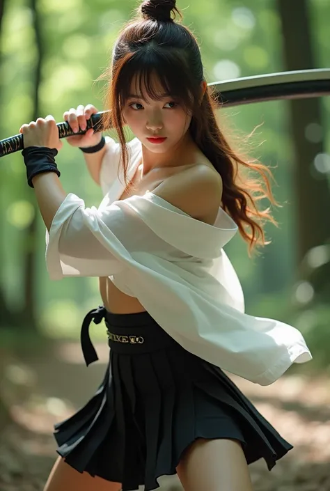 Beautiful Japanese ninja girl in uniform、Nogizaka-style beautiful girl、White open shirt、 black mini pleated skirt 、(( off-shoulder :1.5, anatomically accurate ))、 fighting while holding a naginata 、Mid-teens、Cute Japanese idol、 off-shoulder :1.3、do not&#39...