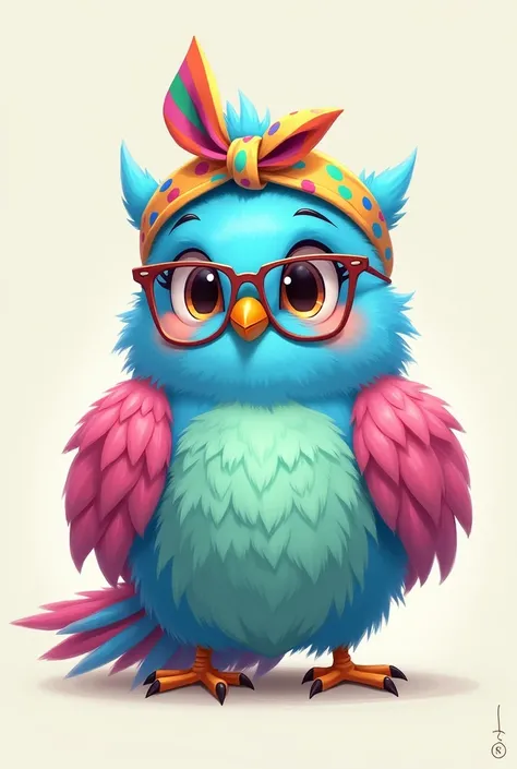 Blue bird with pink tail ,  pink wings and green breast , with glasses and a rainbow bandana tied to his forehead 