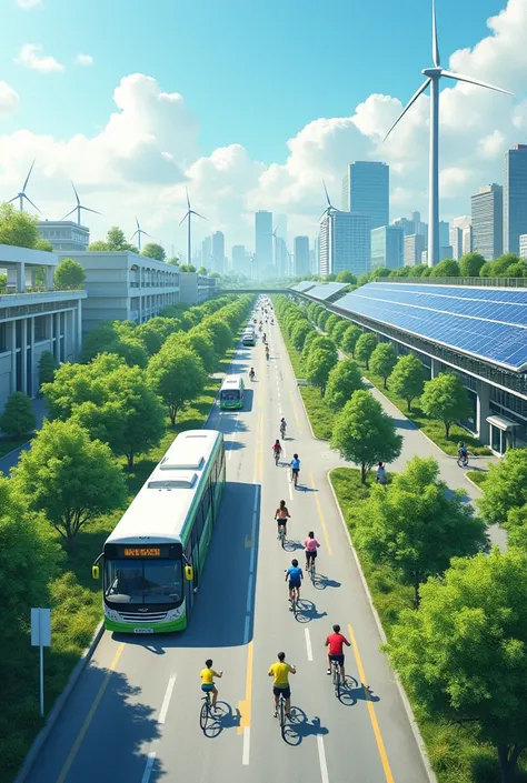 Une ville écologique, ayant des panneaux solaires, des éoliennes et des espaces publics et des cyclistes avec des Parcs et des bus publics