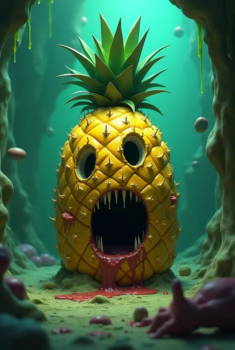 Disney Pixar style animation, "A distorted version of SpongeBobs house, with the pineapple looking rotten and dripping with strange occurrences. The light around it should be greenish, with a sense of impending danger. 3D style drawing.