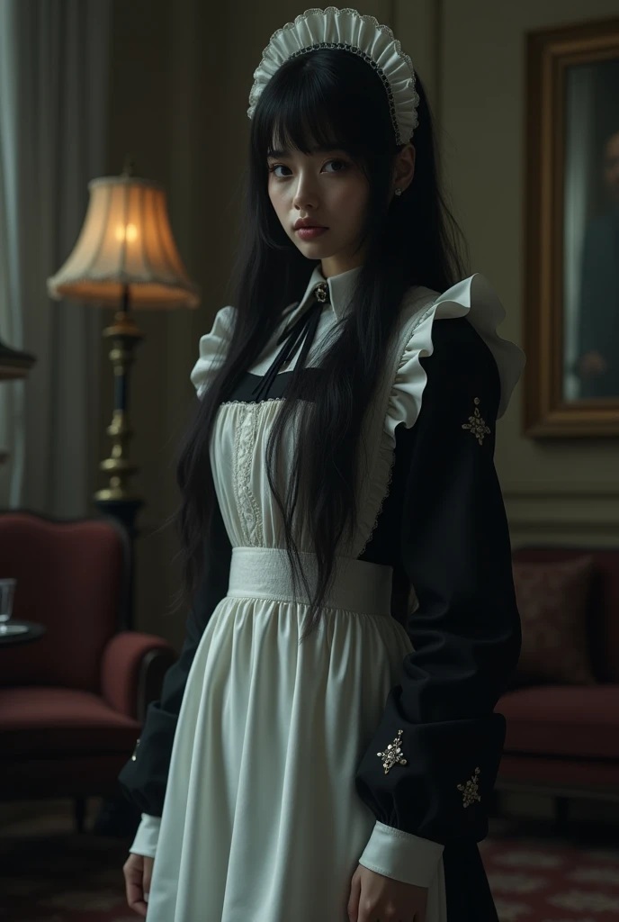 Expressionless maid girl with dark hair