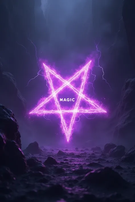 Background with dark energy , In front a purple pentagram inverted neon and the word Magic in the center
