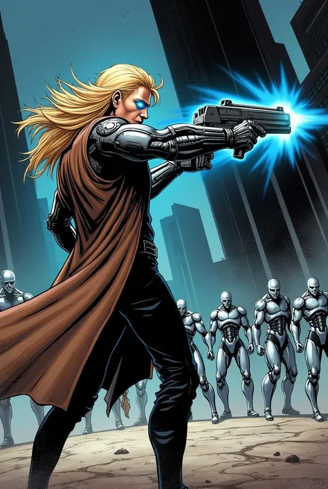  Make a long-haired blond male comic book character,  the right eye glowing blue , the robotic right forearm ,  and the entire robotic left arm .  Wearing black pants and a brown leather overcoat . From the back Shooting a futuristic weapon against an army...