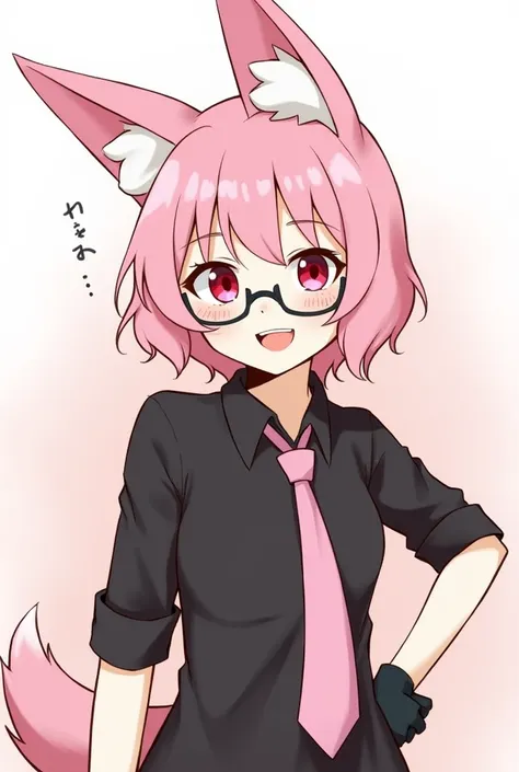 puntaje_5, puntaje_4_arriba, puntaje_4_arriba, puntaje_3_arriba, 1girl, solo, animal ears, necktie, glasses, smile, gloves, shirt, looking at viewer, black gloves, hand on own hip, black shirt, red eyes, blush, collared shirt, upper body, fox ears, animal ...