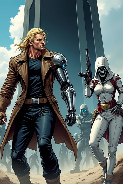  Make a long-haired blond male comic book character,  the right eye glowing blue , the robotic right forearm ,  and the entire robotic left arm .  Wearing black pants and a brown leather overcoat . Also play a woman dressed in the white Assassins Creed out...