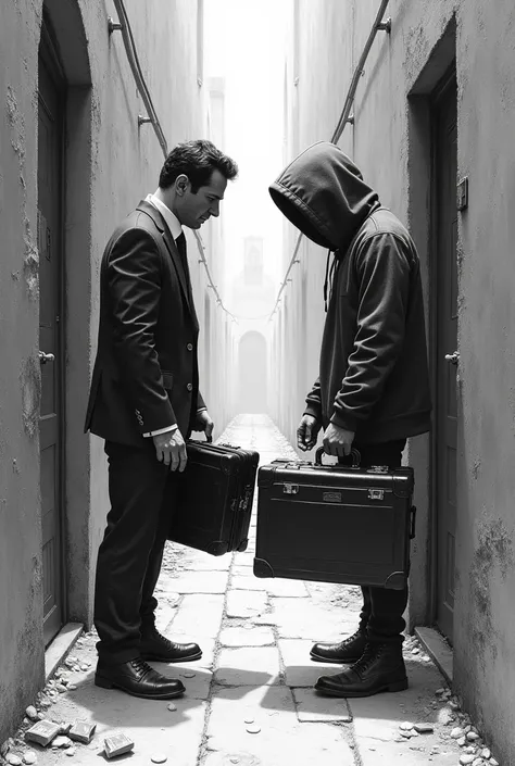  A man handing over a suitcase of money to a napper made with pencils , The napper doesnt show his face hiding with a hoodie 
