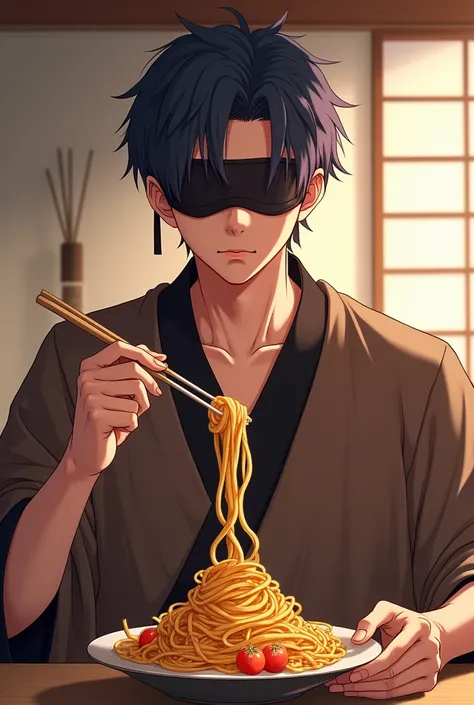 Make a male character eat pasta with two sticks and his eyes must be blindfolded do it when he was in the anime