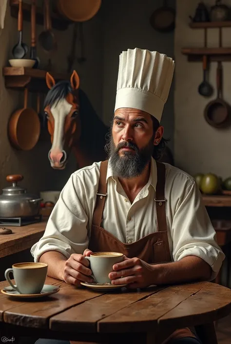 Medieval chef seated drinking mate in the kitchen and a horse in the back 