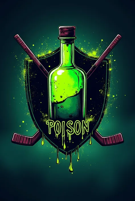 Create a coat of arms for a hockey team where the symbol is a Poison Bottle with Neon Green Liquid and Poison is written on the bottom with black letters dripping poison from the letters