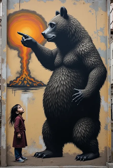 (Spray art,Banksy,mural),A black brown bear pointing at a mushroom cloud and a girl afraid of brown bears