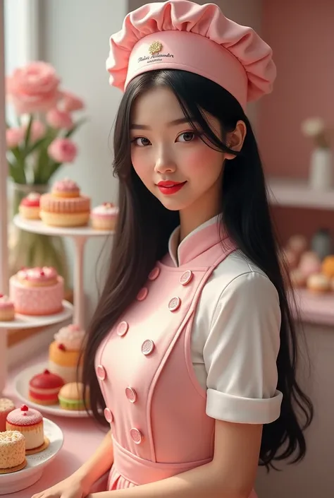 Pretty girl with long straight black hair with slanted eyes oval face thick red lips tan skin color and wearing pink pastry chef hat with white Mabel Alexandra logo and elegant vest with pink buttons with white name Mabel Alexandra a table full of cakes an...