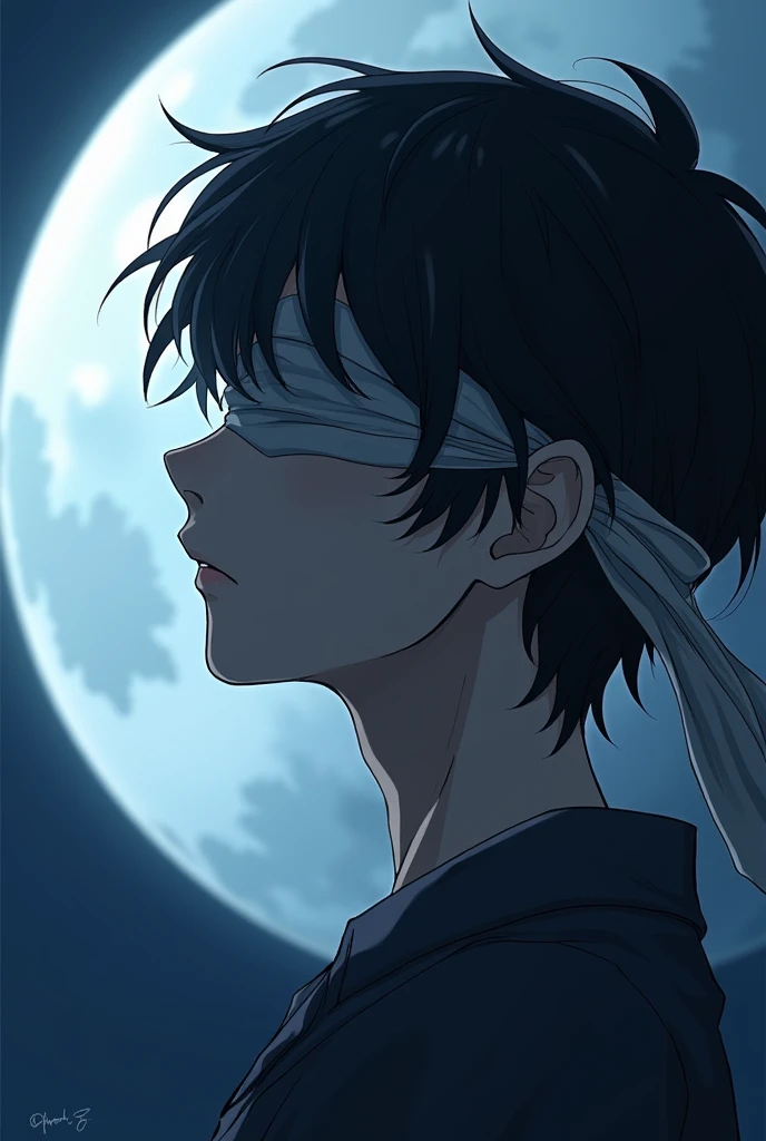 Make a male character looking at the moon and his eyes must be blindfolded do him when he was in the anime do this as if it were to put in a profile picture I make the most expensive cartoon character not so animated make the character a little darker brun...