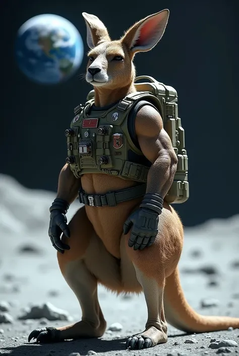 Muscular kangaroo on the moon wearing military uniform 