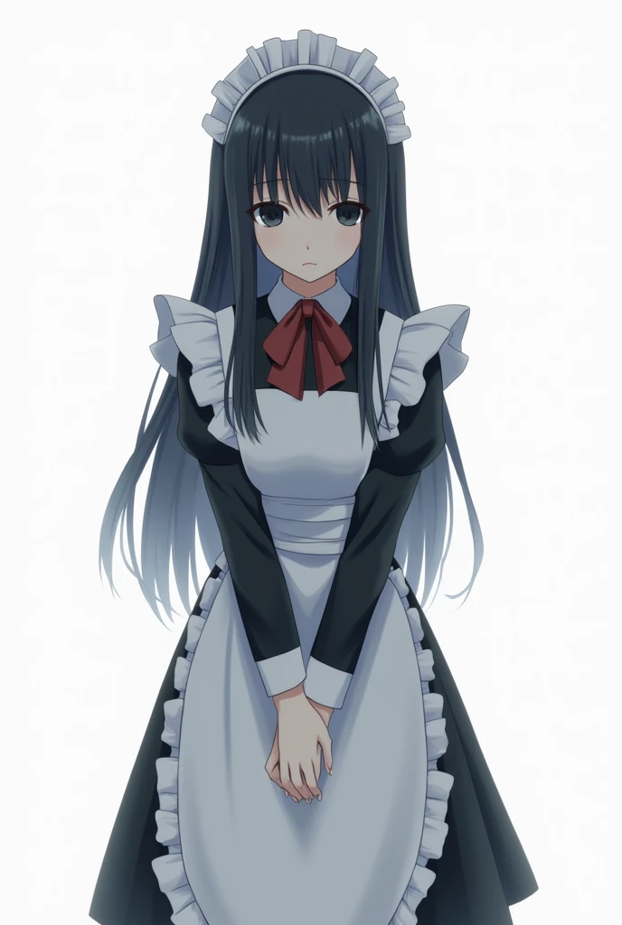 Dark-haired, dark-haired, dark eyed, expressionless, cool maid girl, Lori Slander ID photo, persona picture, white background