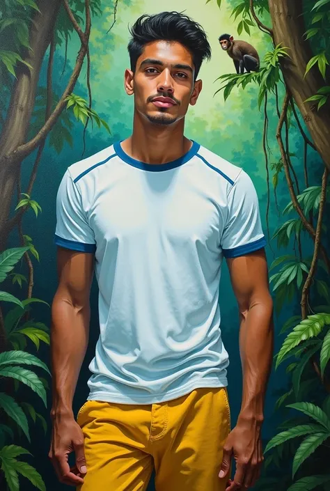 Painting, oil painting,  Oil paint strokes, guy 30 years old,  dark short hair in the background ,  white tight t-shirt with blue trim,  yellow shorts in the deep green jungle , vines hang ,   looks at the camera ,  in the background monkey , Oil paint str...