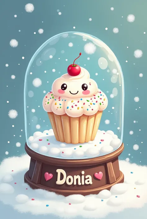 Dessines une boule de neige avec un cupcake kawai a l interieur et ecris le prenom Donia 