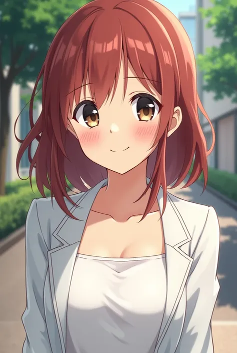 A close view of young anime woman standing outside on the street with trees behind, with shoulder-length reddish-brown hair and dark brown eyes, wearing white tank top with neckline and white office jacket, looking with smile