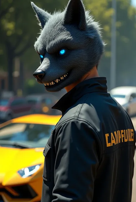 Young man named Luis Rodríguez  , His name on his back  , next to a modern gold-colored Lamborghini you can see on his side the young man wears a mask of a slightly hairy wolf with blue eyes 