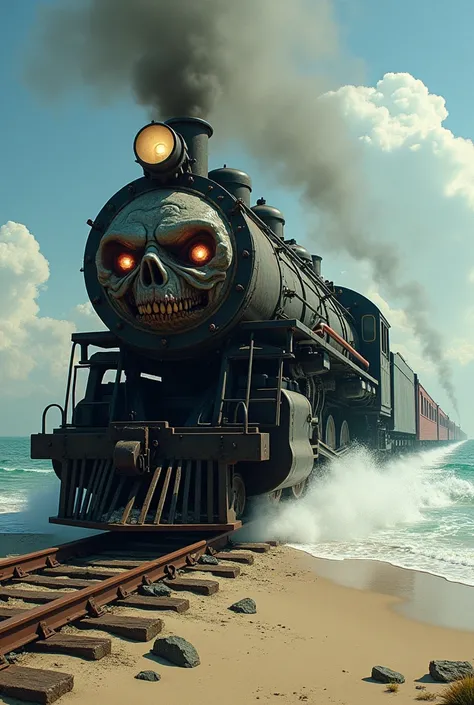 a train. The train is passing by a beach , IN THE BACKGROUND YOU CAN SEE THE SEA,  the train looks terrifying ,  the train has a disturbing face 