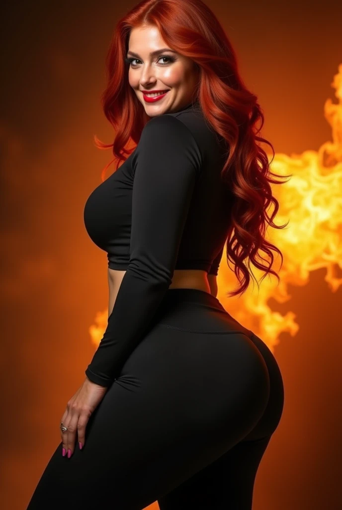 big booty thick redhead dominican women is wearing black leggings and tight shirt. Red lips. Smiling. Background fire