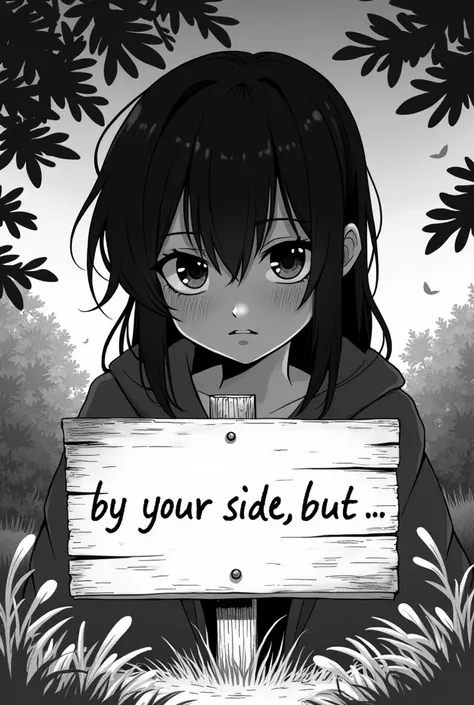 anime, design,  black and white image, written outdoor sign "By your side, but.."