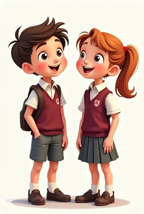 animated boy and girl wearing school sweater burgundy vest and gray pants