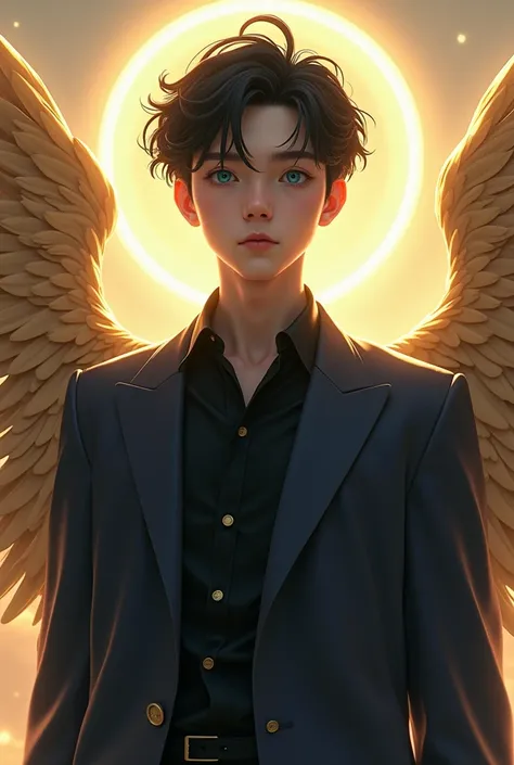 20 year old boy
White skin
Easy Nordic European Traits 
Short black hair with style and elegance 
Wearing an expensive black elegant shirt
With a blue-black jacket
With many golden angel wings 
With many golden angel wings 
Blue eyes 
With a giant halo of ...