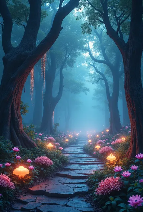 A mysterious forest with towering trees covered in glowing vines and sparkling lights. The path leading inside is surrounded by colorful flowers and glowing mushrooms.