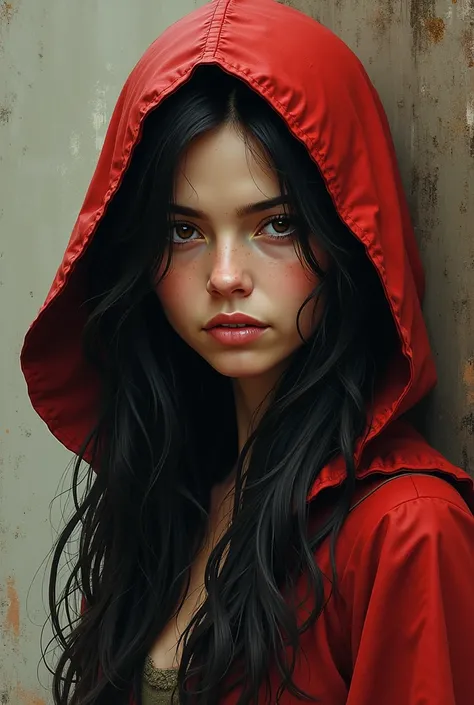  Little Red Riding Hood with black hair not so young, illustrated for adults , head on