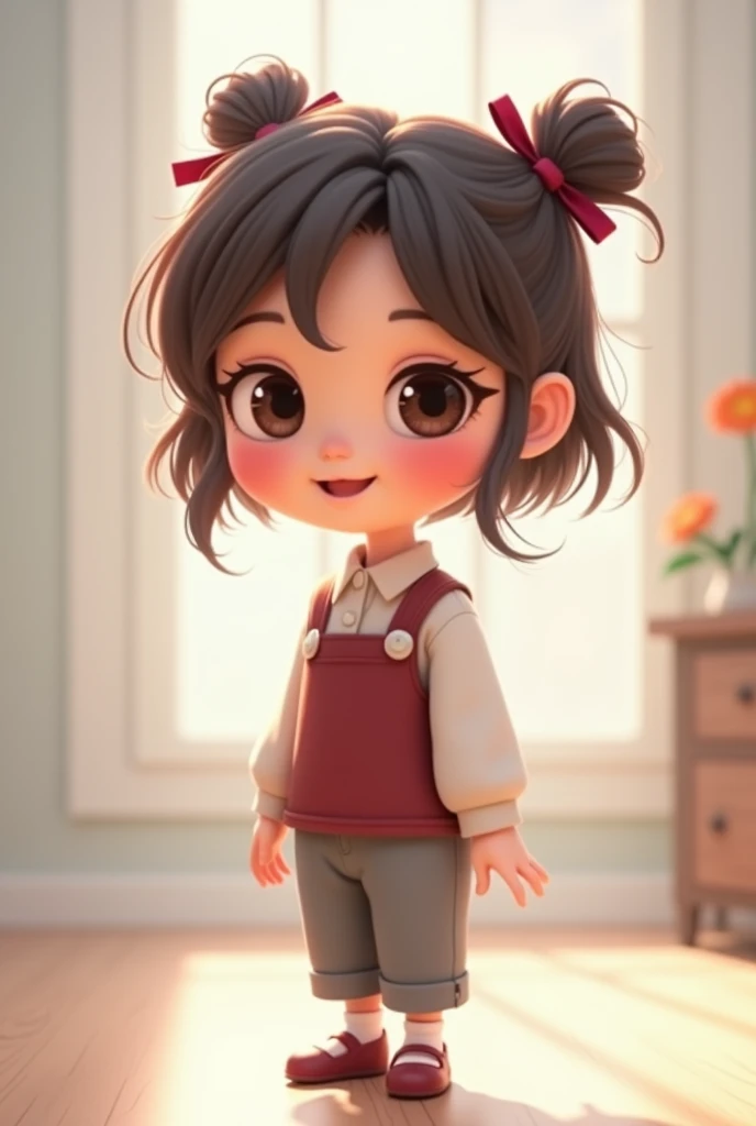 animated girl with 2 little ribbons ,  burgundy poleron and gray pants