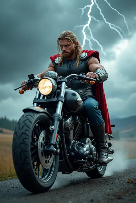 Ultra-realistic 8K image of Thor driving a motorbike