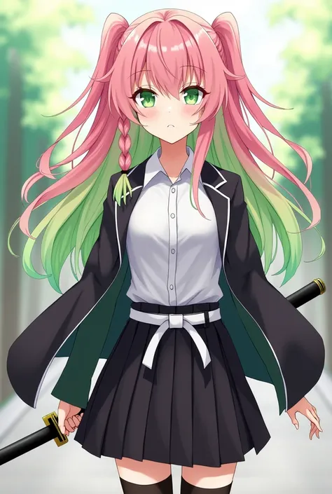 ( green muscle boots:1.3),Kanroji Mitsuri,wart under eye,pink hair,wart, long hair, multicolored hair,Braid,gradient hair, demon slayer uniform, green hair, green eyes,fringe,long sleeves,shirt,twin Braids,two-tone hair,japanese clothes,white shirt,HAORI,j...