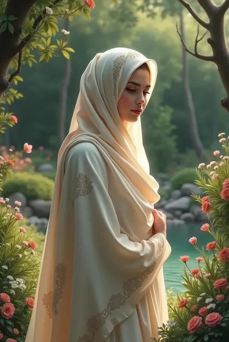 Hijab girl half naked setting on a beautiful garden 