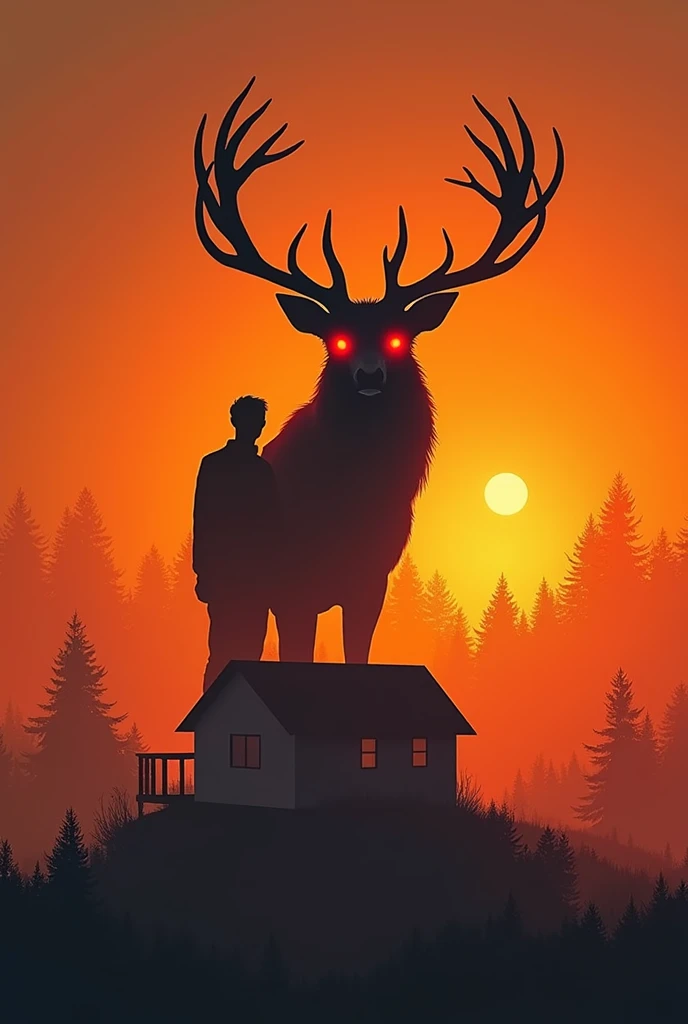 Silhouette of an elk with big horns ,  human body and red eyes above a medium-sized house, Back an orange sunset 