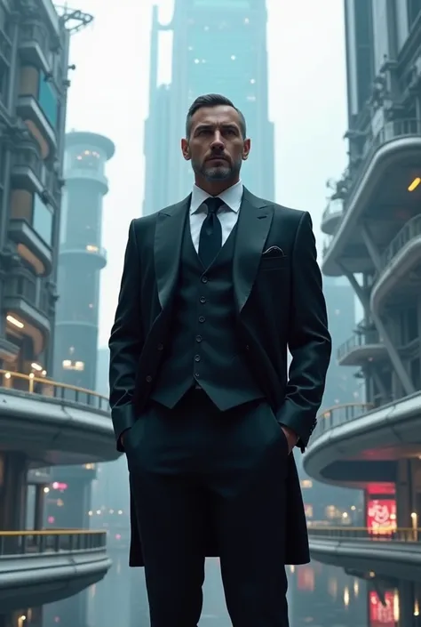 Futuristic image with a man in a black suit, he is stately and secure, confident in the future and challenges that will come in the background, a futuristic and highly technological city.