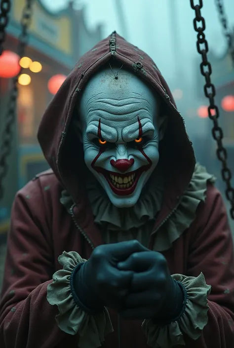 Create a hyper-realistic image of a sinister clown with pale, cracked white makeup revealing worn skin beneath, hollow blackened eyes that feel alive, and an unnervingly sharp-toothed grin. The clown wears a tattered, dark red and black costume with detail...