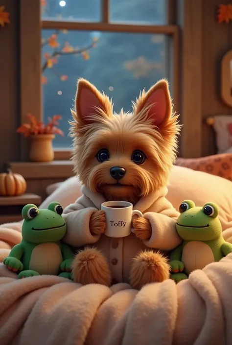  create a picture of a slightly human Yorkshire Terrier , His name is Toffy and in a cute ,  fluffy pajamas sitting comfortably in bed and drinking cocoa from a cup on which Toffy is standing.  In the background you should see that it is night and autumn ....