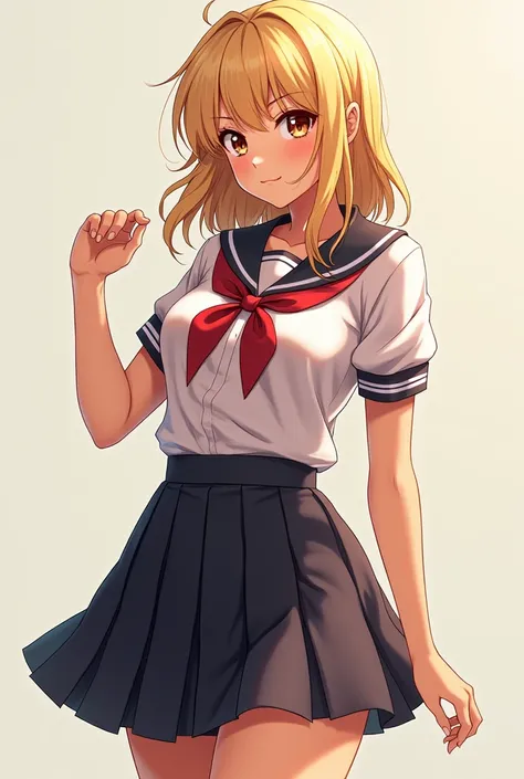 anime girl,  tanned and blonde with slightly long hair . With a very sexy and attractive body , with good curves .  Wearing a traditional Japanese uniform with a long skirt