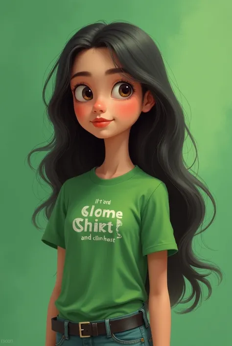 Create an image of a little white , dark hair, long and wavy,  wearing a green shirt written TON .
 A is cool and is on a green background
