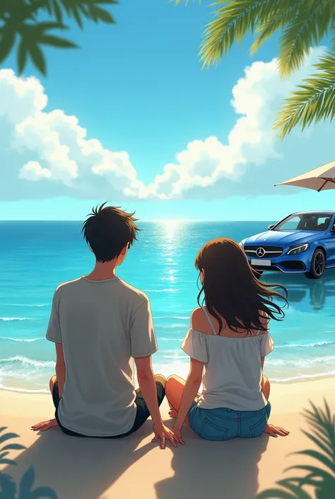 Alex and Haruka, after bonding at the beach and parking Harukas Blue Mercedes C-Class facing the sea